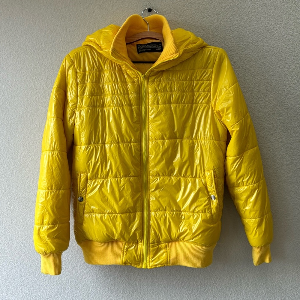 Quilted Yellow Hooded Puffer Jacket Medium Gem